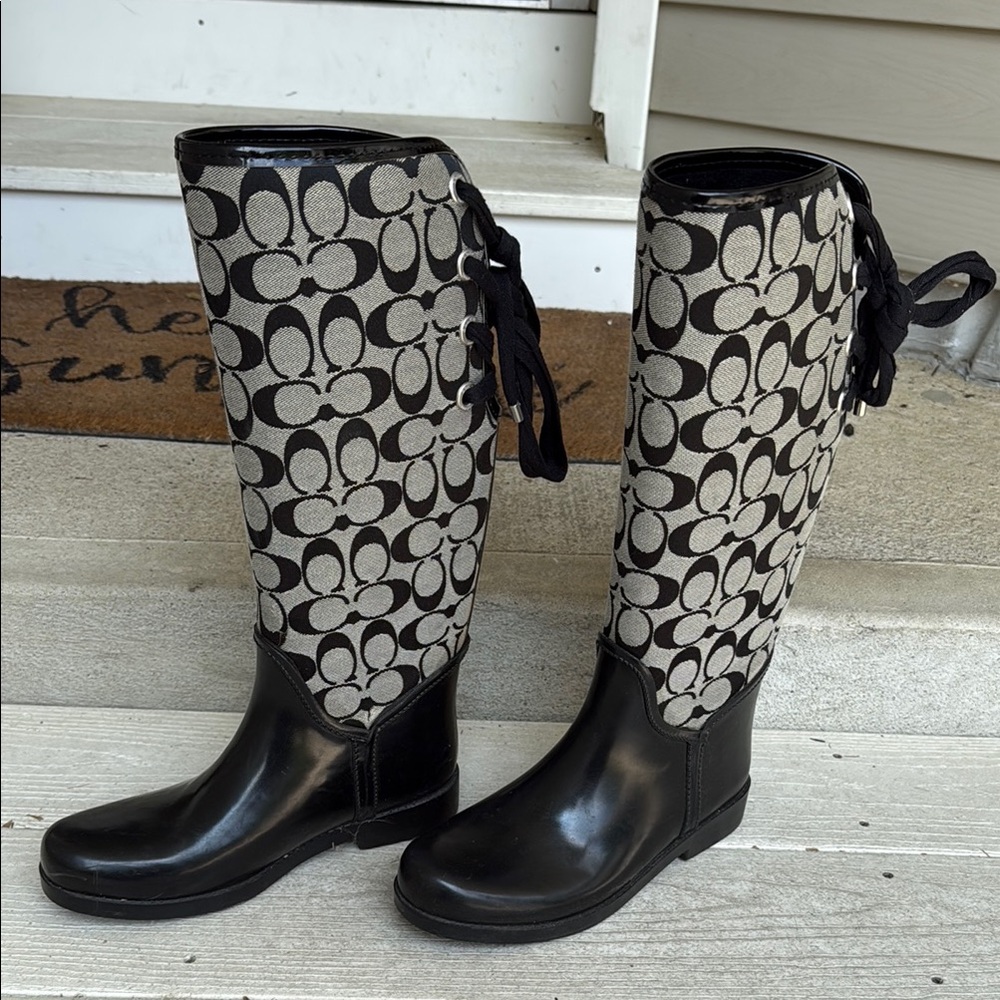 Coach Black and Grey Rain Boots with Signature Pattern